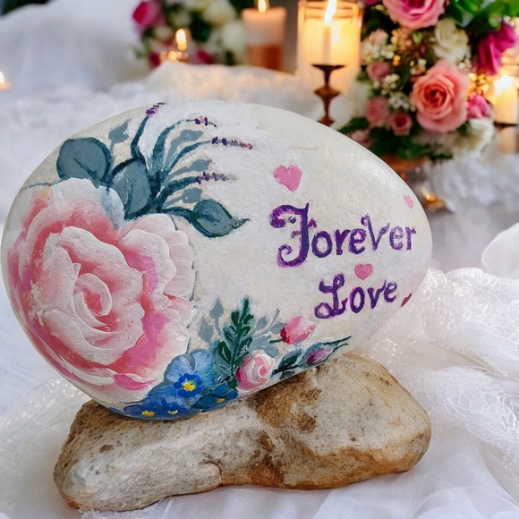 Painted LOVE river rock with rosy- peach roses, blue accent flowers, and hearts - Picture 12 of 17